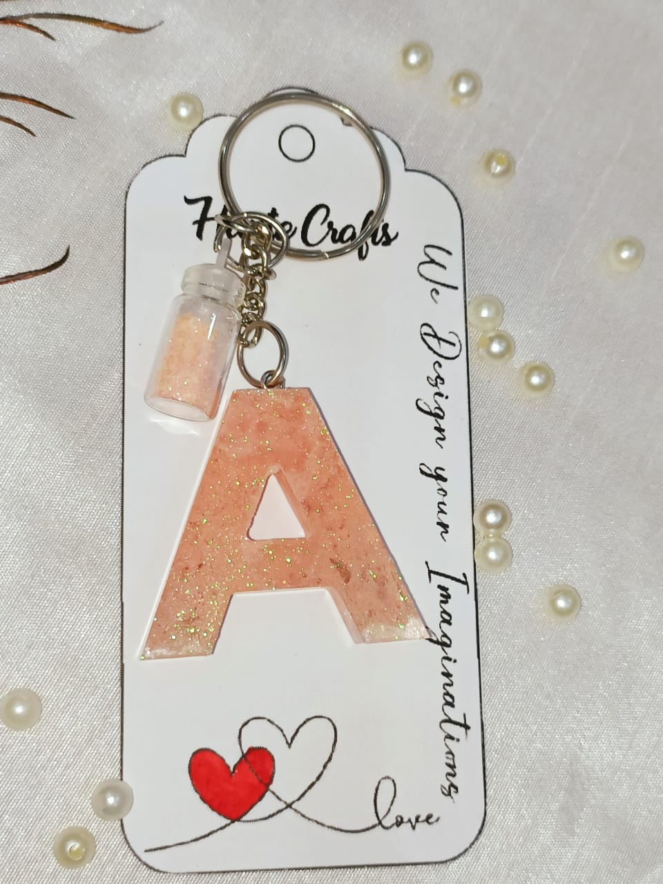 Haute Crafts Shiny Peach ("A")- with Glass Bottle, Resin Alphabet Initial Letter Keychain Key Ring for Women Girls Purse Handbags, Bike, Car Keyring ("A")
