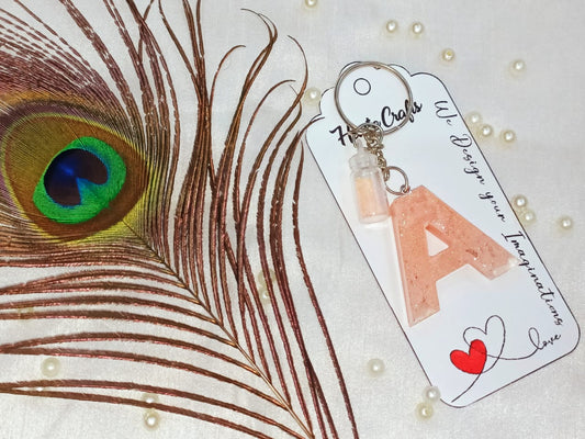 Haute Crafts Shiny Peach ("A")- with Glass Bottle, Resin Alphabet Initial Letter Keychain Key Ring for Women Girls Purse Handbags, Bike, Car Keyring ("A")