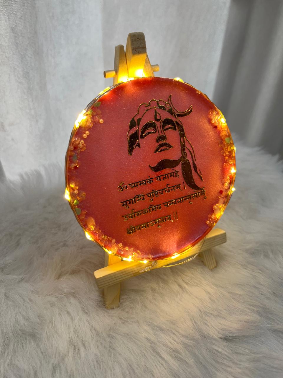 Resin Handcrafted Mahamrityunjay Mantra Resin Art Frame with Light & Stand | Diwali Gifts, Religious gifts | Handmade with Resin (FREE STAND) (Pack of 1, 13 cm Height)