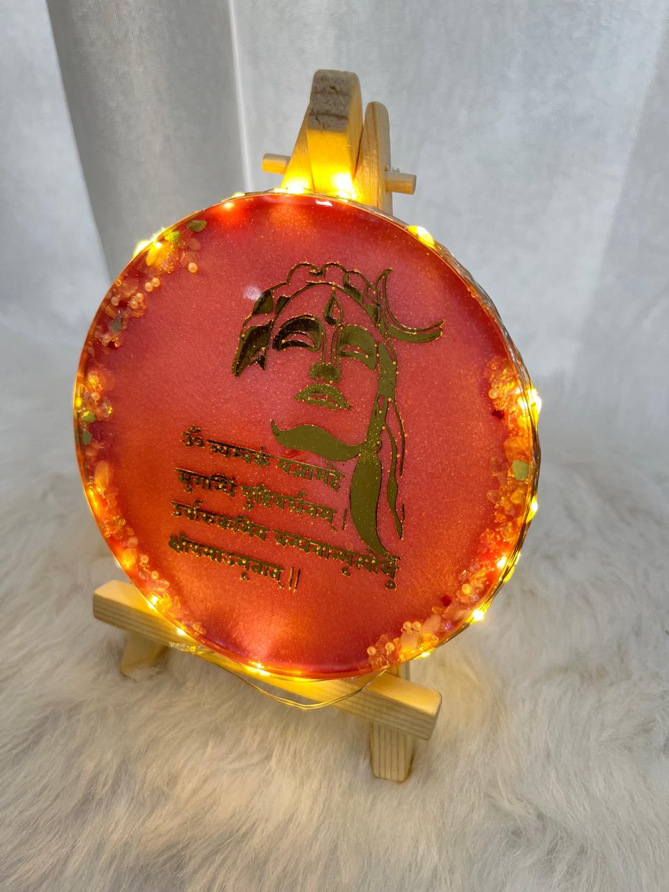 Resin Handcrafted Mahamrityunjay Mantra Resin Art Frame with Light & Stand | Diwali Gifts, Religious gifts | Handmade with Resin (FREE STAND) (Pack of 1, 13 cm Height)