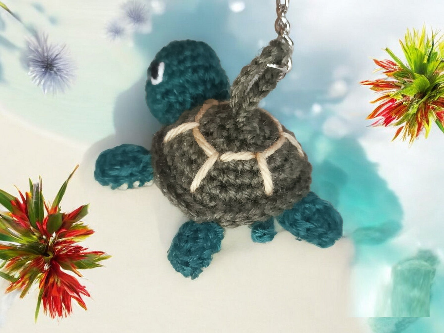 Haute Crafts Turquoise & Brown Handmade Crochet Tortoises Keychain & Toy for kids (Washable Keychain/toy)