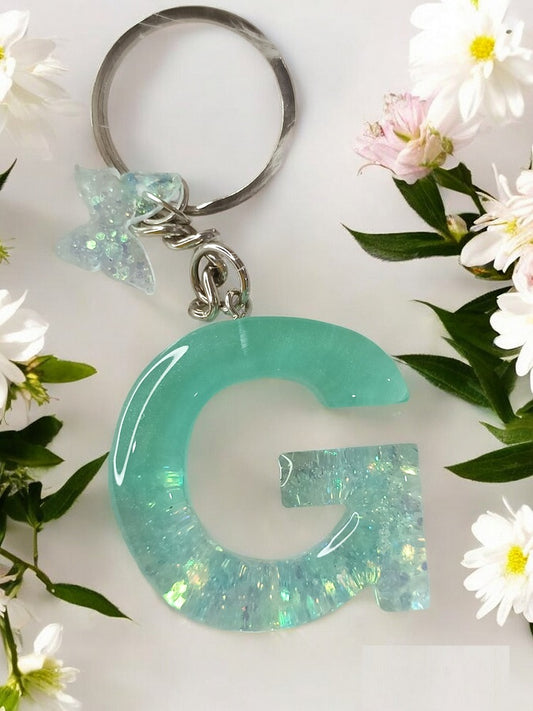 Haute Crafts Shiny Green With Small Butterfly ("G") Resin Alphabet Initial Letter Keychain Key Ring for Women Girls Purse Handbags ("G")