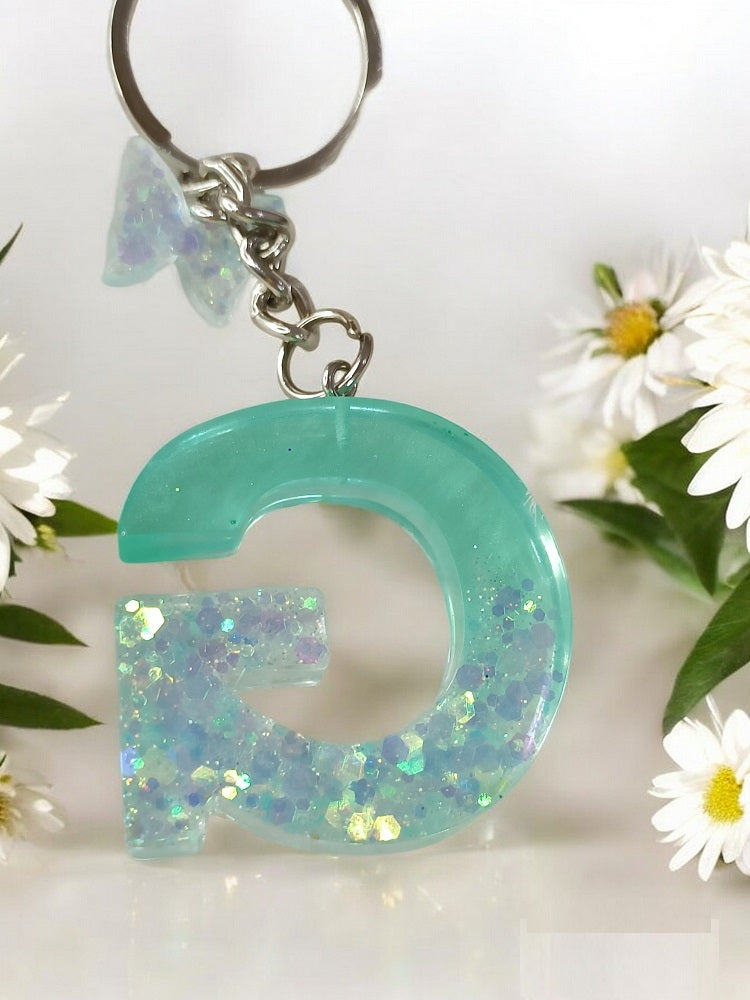 Haute Crafts Shiny Green With Small Butterfly ("G") Resin Alphabet Initial Letter Keychain Key Ring for Women Girls Purse Handbags ("G")