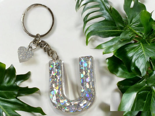 Haute Crafts Shiny Glittery Silver ("U")- with Big Heart, Resin Alphabet Initial Letter Keychain Key Ring for Women Girls Purse Handbags, Bike, Car Keyring ("U")