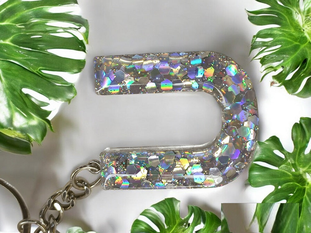 Haute Crafts Shiny Glittery Silver ("U")- with Big Heart, Resin Alphabet Initial Letter Keychain Key Ring for Women Girls Purse Handbags, Bike, Car Keyring ("U")