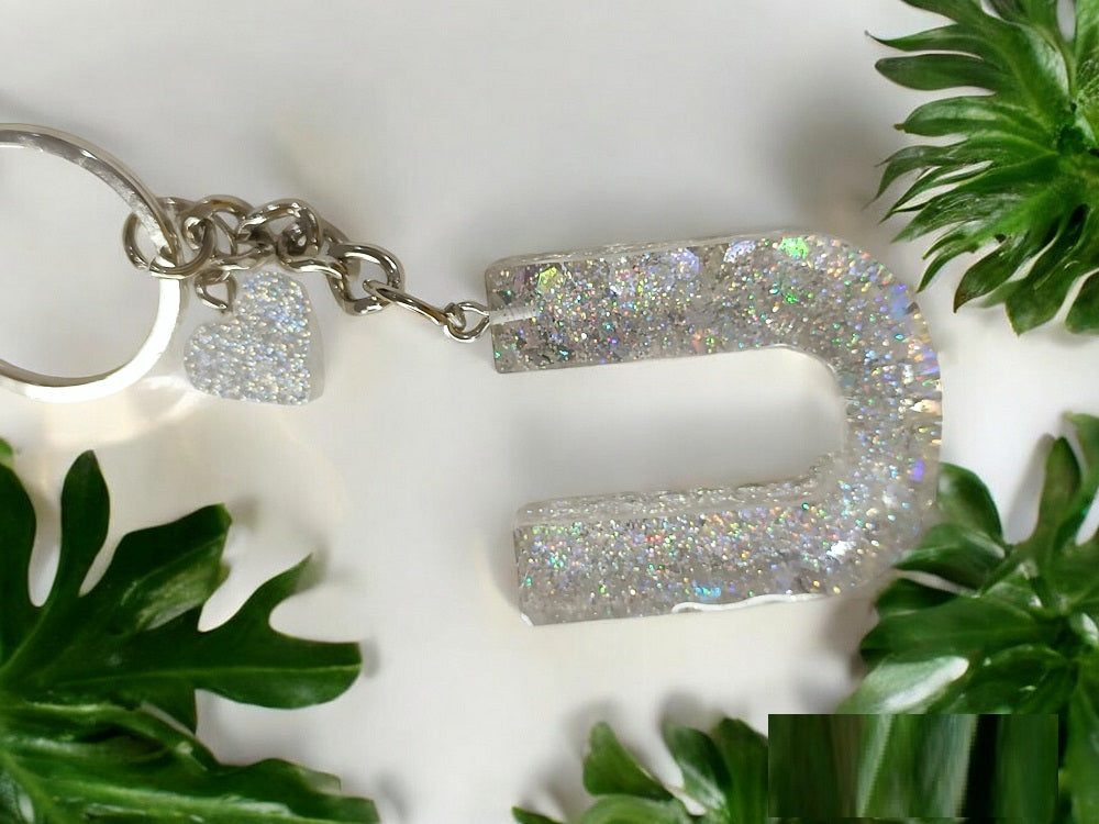 Haute Crafts Shiny Glittery Silver ("U")- with Big Heart, Resin Alphabet Initial Letter Keychain Key Ring for Women Girls Purse Handbags, Bike, Car Keyring ("U")