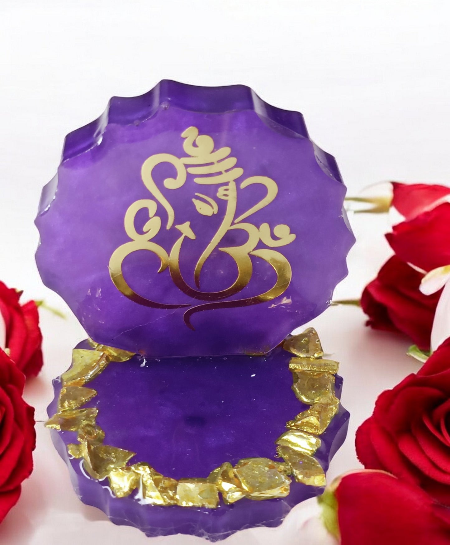 Haute Crafts 2.5 Inch Resin art Handcrafted Premium "Ganesh ji " with Gold Crystal Texture for Car Dashboard, Home Decor, Puja Ghar and Gifting.