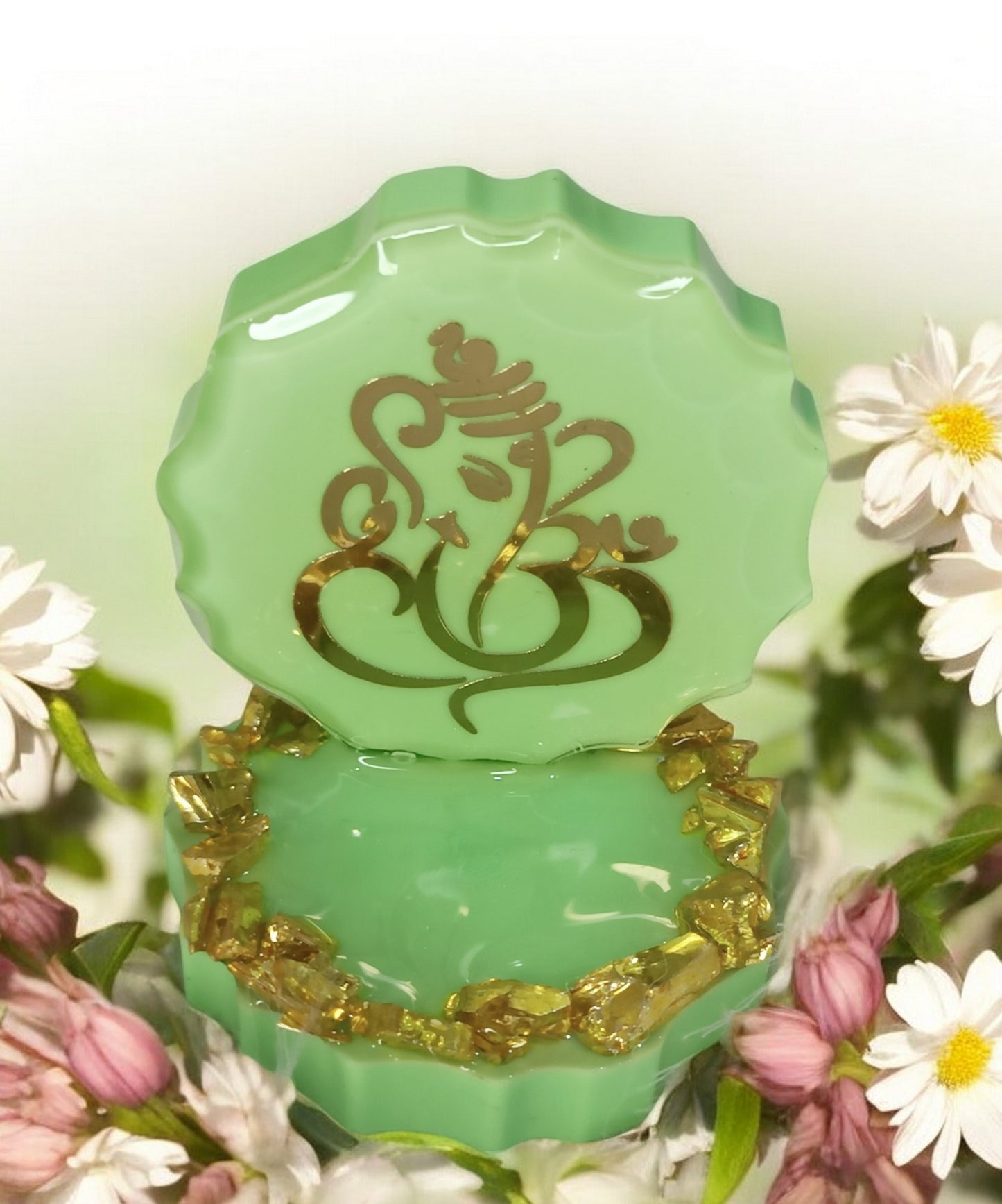 Haute Crafts 2.5 Inch Resin art Handcrafted Premium "Ganesh ji " with Gold Crystal Texture for Car Dashboard, Home Decor, Puja Ghar and Gifting.