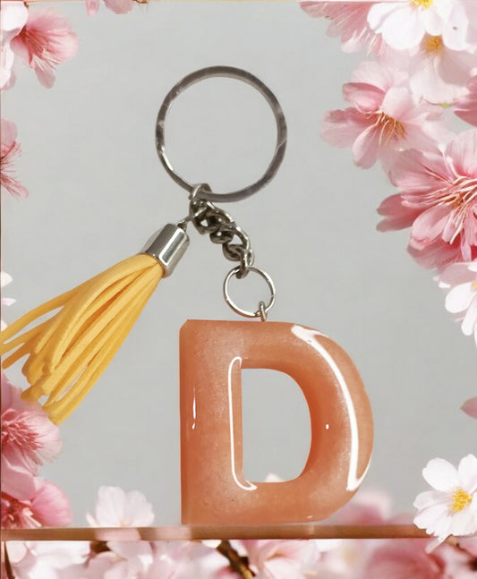 Haute Crafts Shiny Peach ("D")- with Tassel, Resin Alphabet Initial Letter Keychain Key Ring for Women Girls Purse Handbags, Bike, Car Keyring ("D")