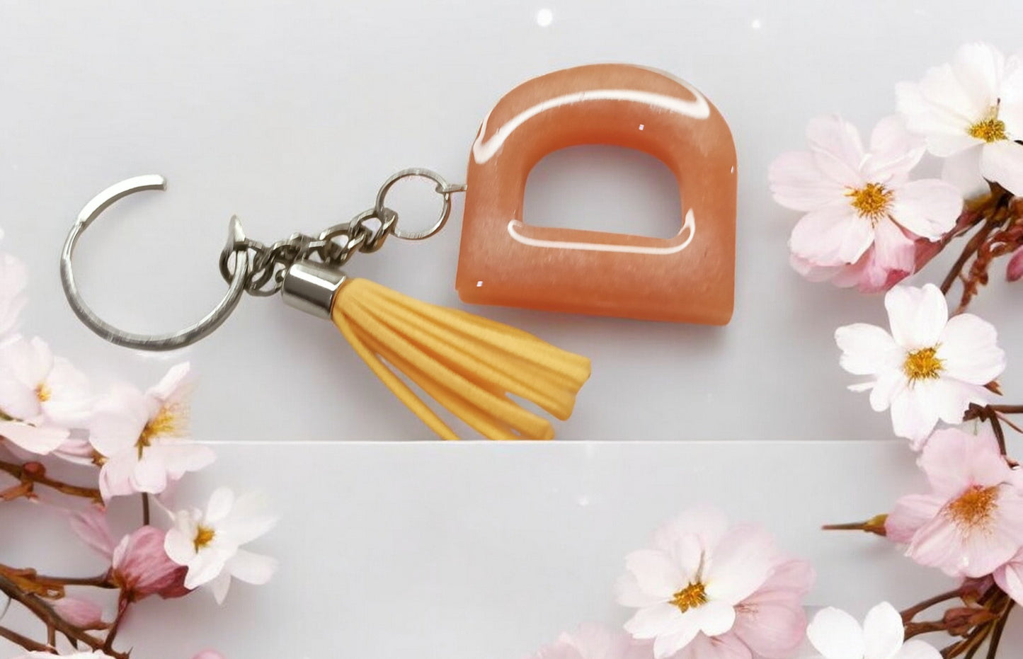 Haute Crafts Shiny Peach ("D")- with Tassel, Resin Alphabet Initial Letter Keychain Key Ring for Women Girls Purse Handbags, Bike, Car Keyring ("D")