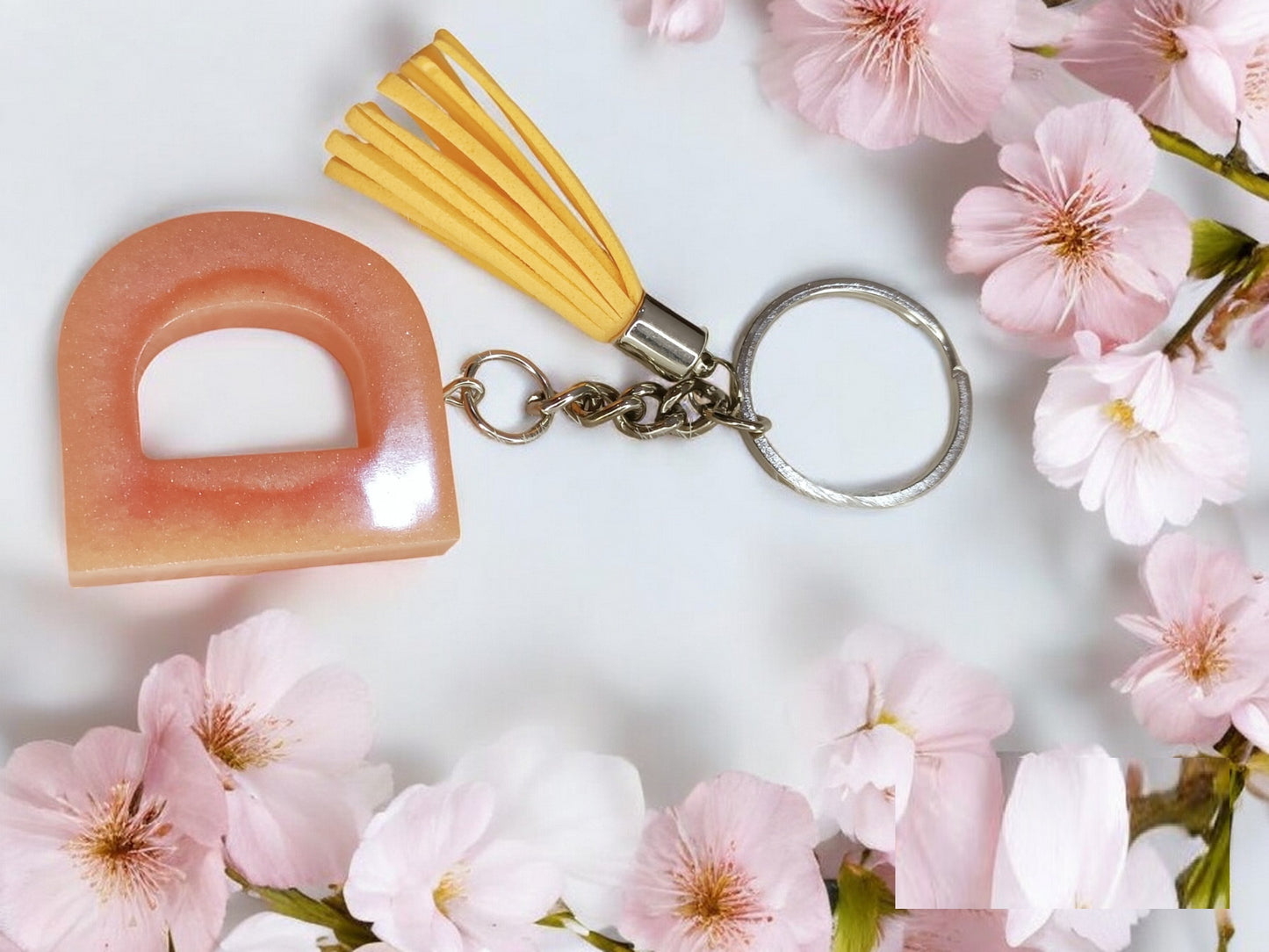 Haute Crafts Shiny Peach ("D")- with Tassel, Resin Alphabet Initial Letter Keychain Key Ring for Women Girls Purse Handbags, Bike, Car Keyring ("D")
