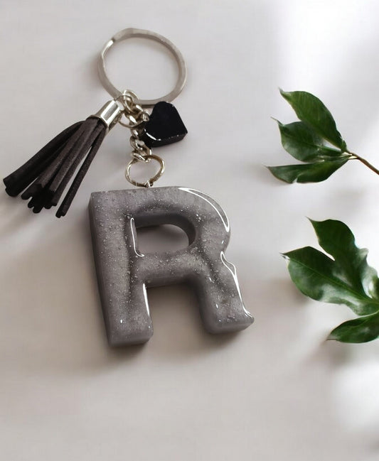 Haute Crafts Shiny Grey ("R")- with small Heart  & Tassel, Resin Alphabet Initial Letter Keychain Key Ring for Women Girls Purse Handbags, Bike, Car Keyring ("R")