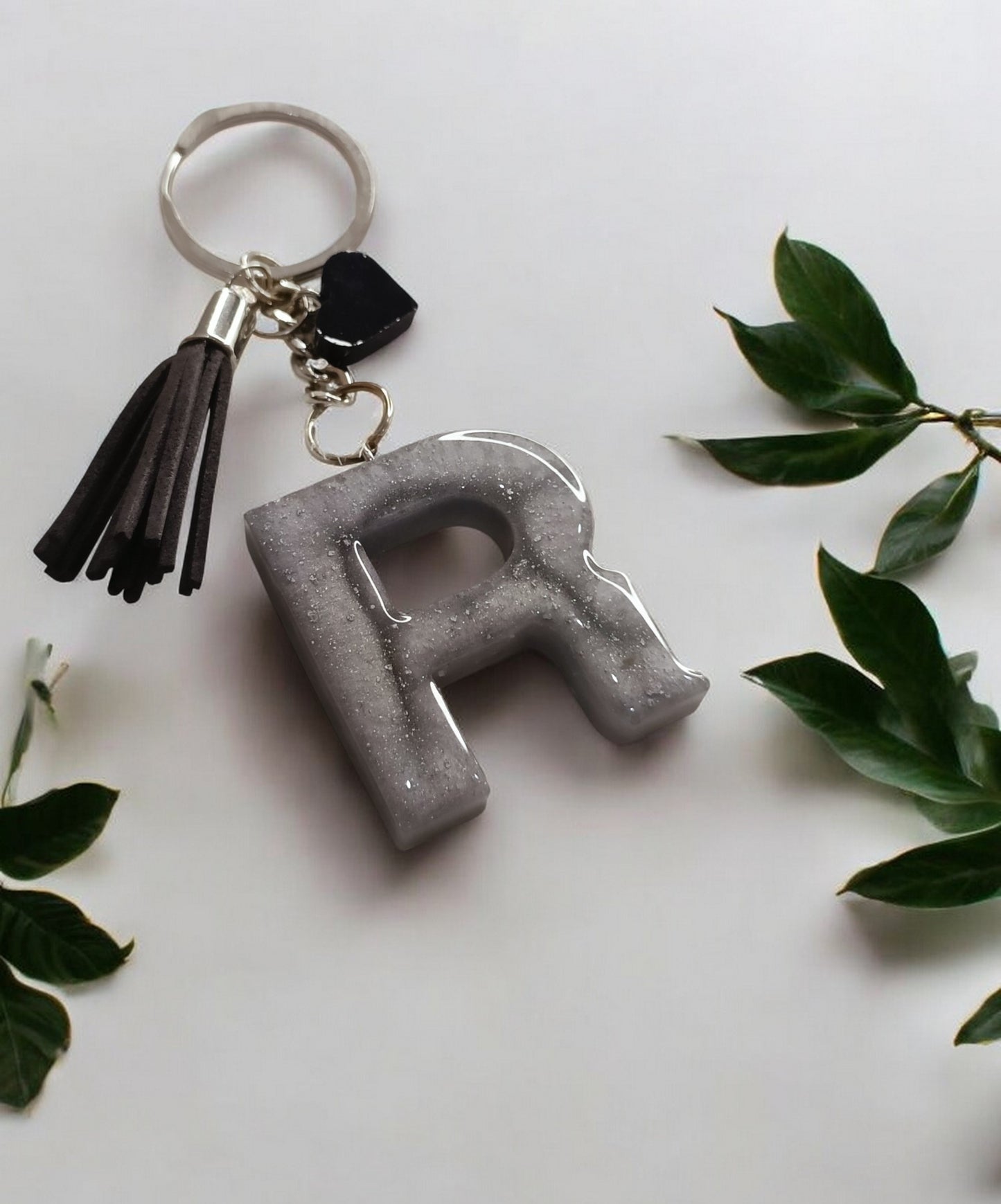 Haute Crafts Shiny Grey ("R")- with small Heart & Tassel, Resin Alphabet Initial Letter Keychain Key Ring for Women Girls Purse Handbags, Bike, Car Keyring ("R")