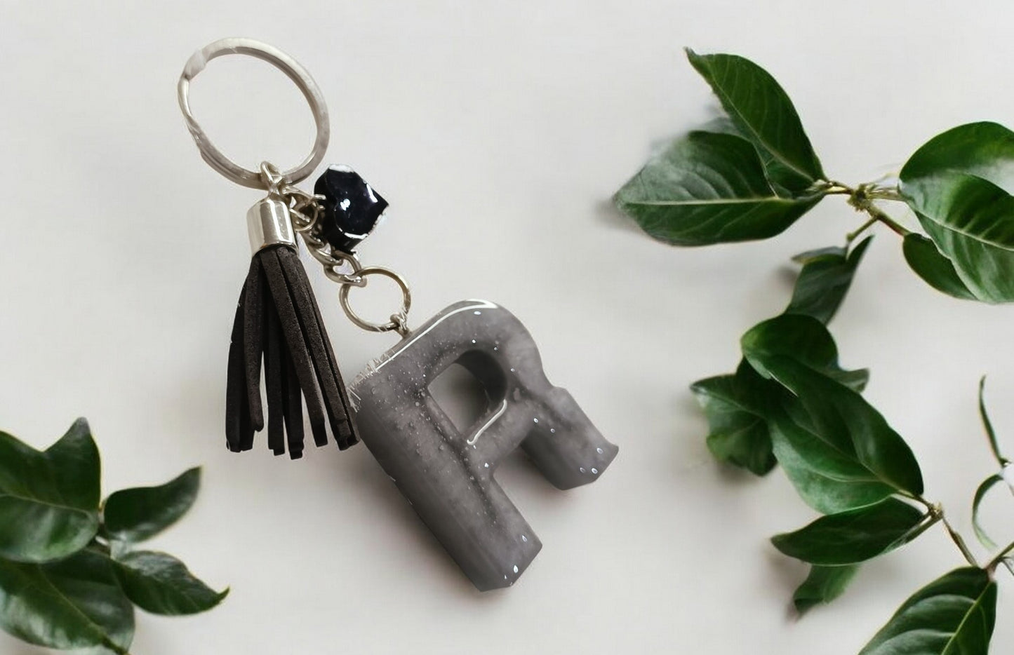 Haute Crafts Shiny Grey ("R")- with small Heart & Tassel, Resin Alphabet Initial Letter Keychain Key Ring for Women Girls Purse Handbags, Bike, Car Keyring ("R")
