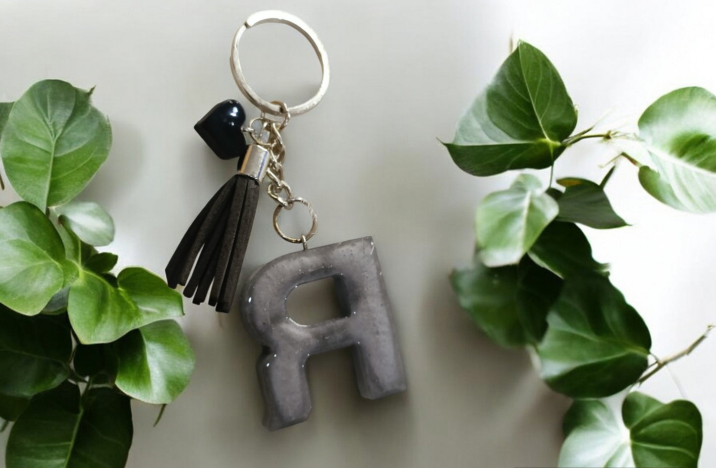 Haute Crafts Shiny Grey ("R")- with small Heart & Tassel, Resin Alphabet Initial Letter Keychain Key Ring for Women Girls Purse Handbags, Bike, Car Keyring ("R")