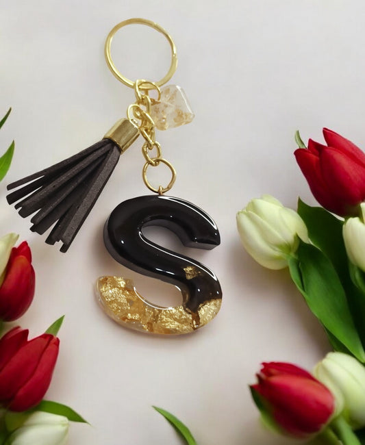 Haute Crafts Shiny Black & Golden ("S")- with small Heart & Tassel, Resin Alphabet Initial Letter Keychain Key Ring for Women Girls Purse Handbags, Bike, Car Keyring ("S")