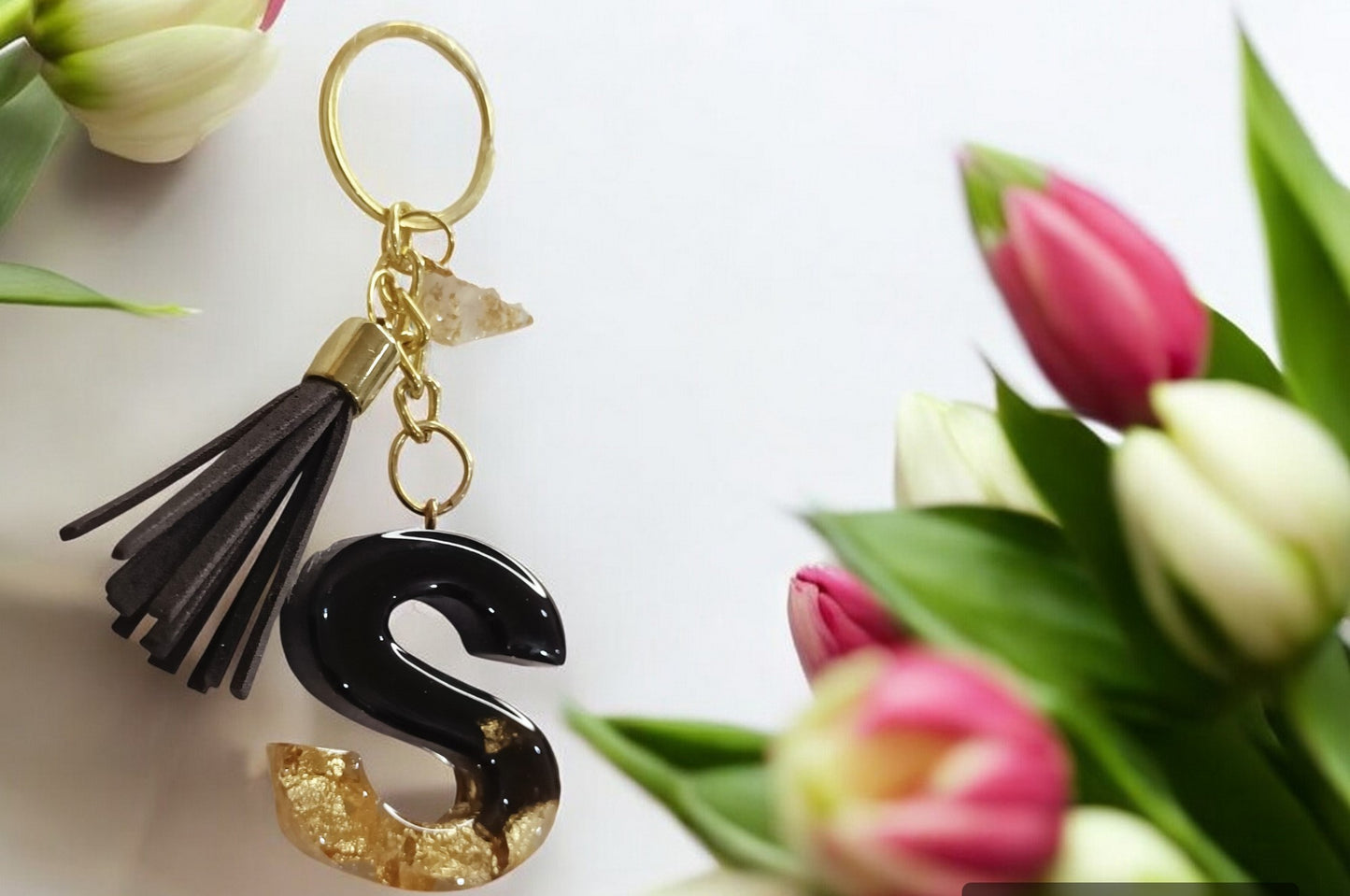 Haute Crafts Shiny Black & Golden ("S")- with small Heart & Tassel, Resin Alphabet Initial Letter Keychain Key Ring for Women Girls Purse Handbags, Bike, Car Keyring ("S")