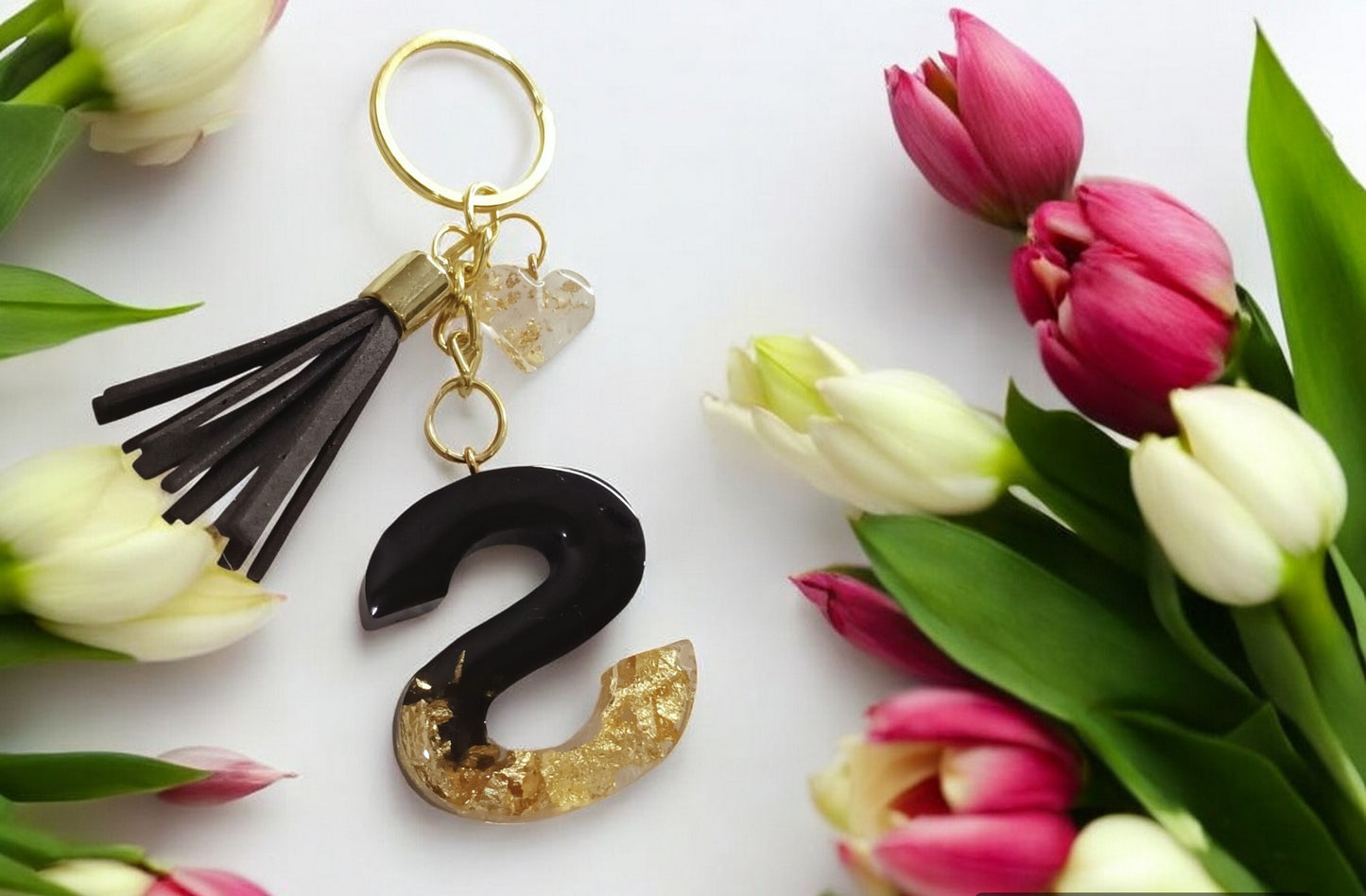 Haute Crafts Shiny Black & Golden ("S")- with small Heart & Tassel, Resin Alphabet Initial Letter Keychain Key Ring for Women Girls Purse Handbags, Bike, Car Keyring ("S")