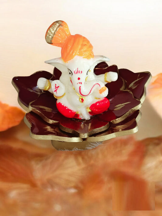 Haute Crafts Ganesh Idol Murti with Resin 3d Flower Statue for Car Dashboard Gift Lord Ganesha Ganpati Idols Showpiece Figurine for Home Pooja Room Diwali Decoration., Resin