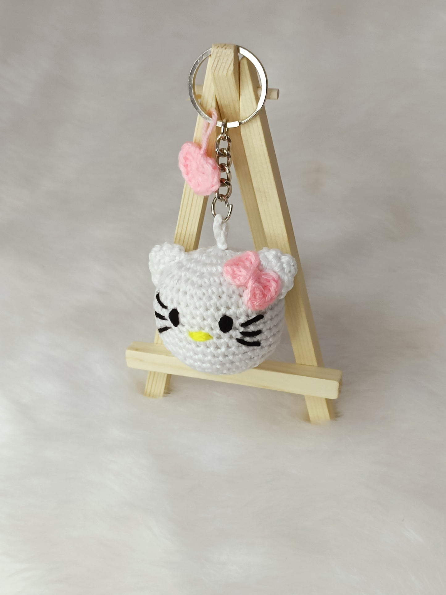 Haute Crafts Handmade Crochet Cute Kitty Keychain with Pink Bow (Washable Keychain)