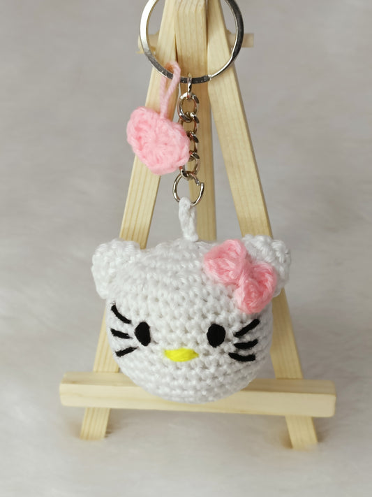Haute Crafts Handmade Crochet Cute Kitty Keychain  with Pink Bow (Washable Keychain)