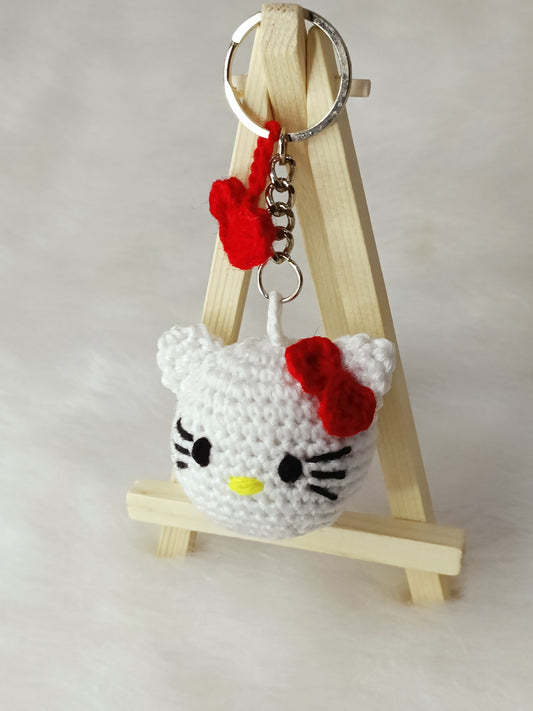 Haute Crafts Handmade Crochet Cute Kitty Keychain  with Red Bow (Washable Keychain)