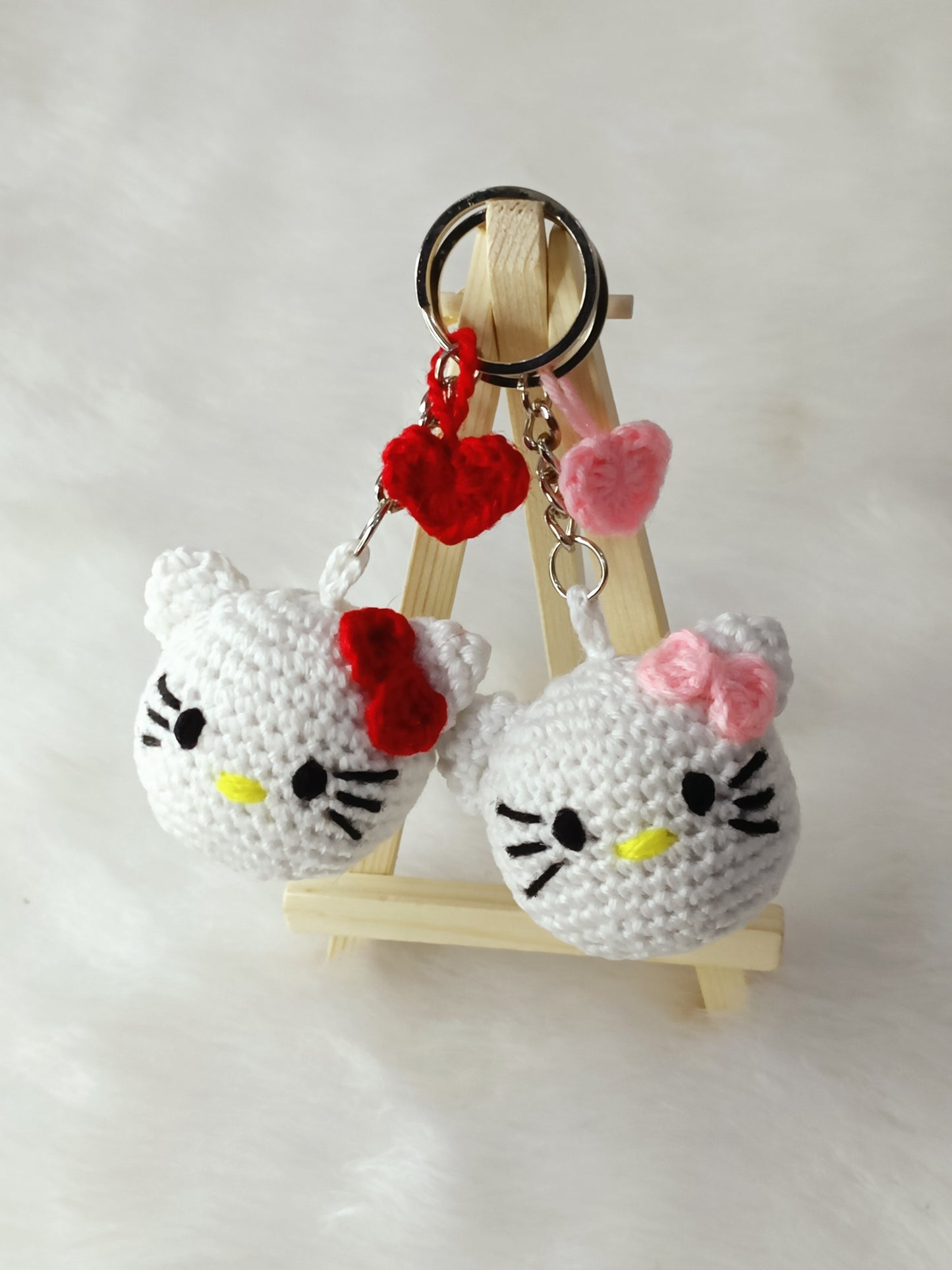 Haute Crafts Handmade Crochet Cute Kitty Keychain with Pink Bow (Washable Keychain)