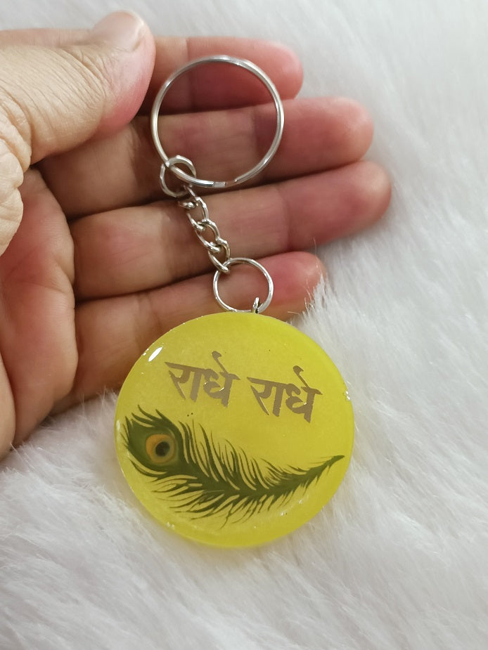 Haute Crafts "Radhe Krishna" Theme Keychain - Resin Alphabet Initial Letter Keychain Key Ring for Women Girls Purse Handbags, Bike, Car Keyring.Home, Small Gifts