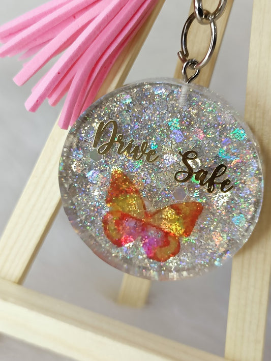 Haute Crafts "Drive Safe" Theme Keychain - Resin Alphabet Initial Letter Keychain Key Ring for Women Girls Purse Handbags, Bike, Car Keyring.Home, Small Gifts