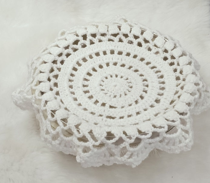 Haute Crafts Handcrafted Crochet Thalposh, Woolen Puja Thali Cover for Temple, Thal Posh Plate Cover (White, 16'' Round)