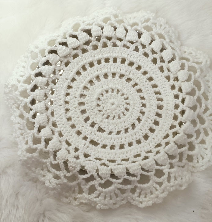 Haute Crafts Handcrafted Crochet Thalposh, Woolen Puja Thali Cover for Temple, Thal Posh Plate Cover (White, 16'' Round)