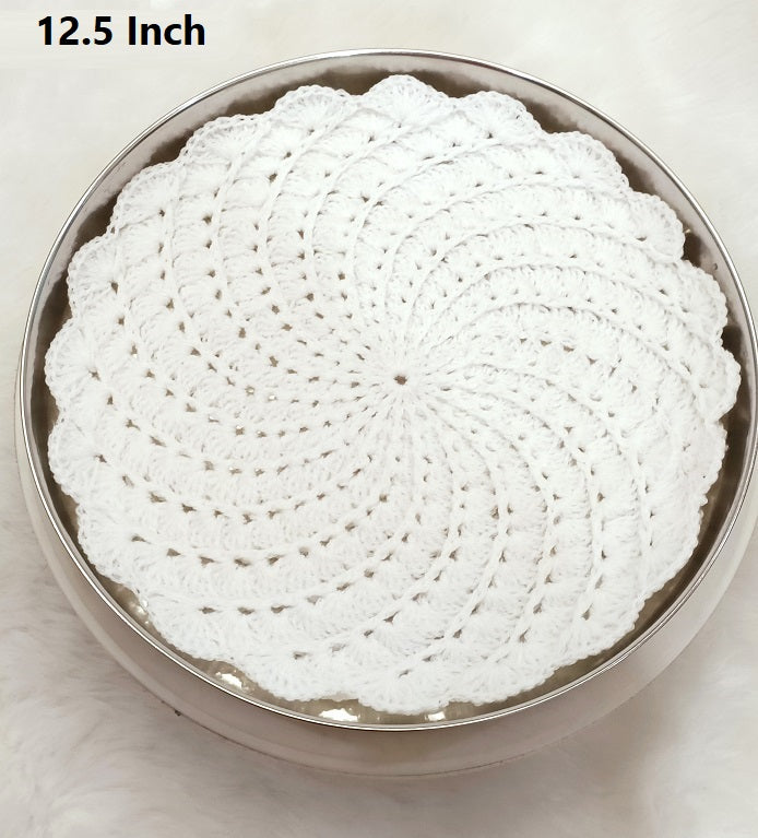 Haute Crafts Handcrafted Crochet Thalposh, Woolen Puja Thali Cover for Temple, Thal Posh Plate Cover (White, 12.5'' Round)