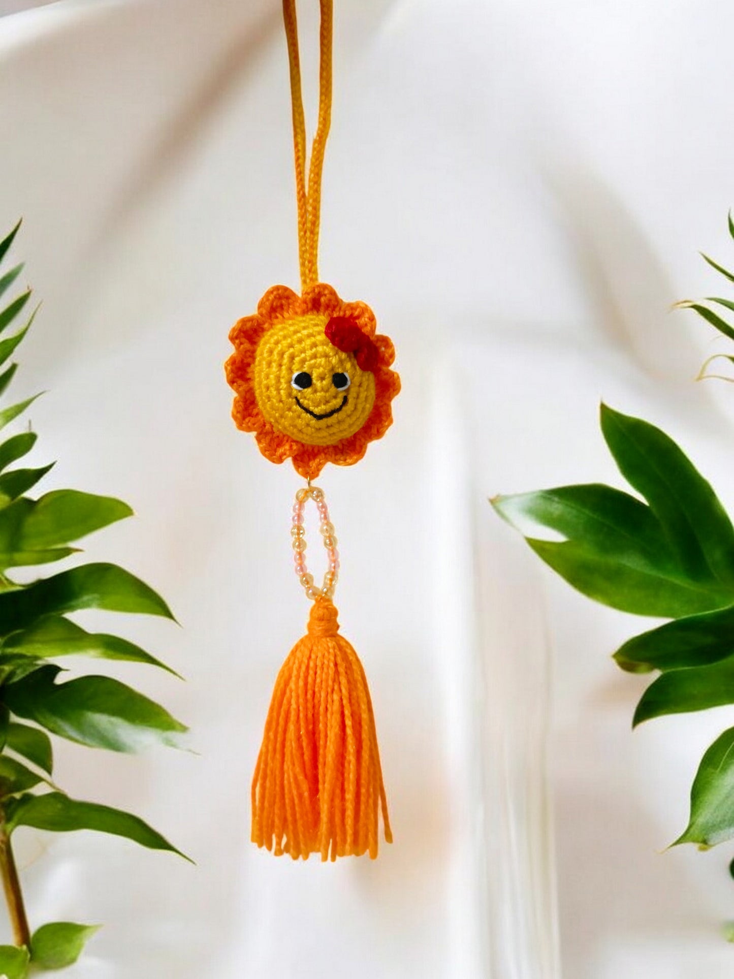Haute Crafts Handmade Crochet Cute Smiling Sun Car/Window Hanging /Keychain (Washable Keychain)