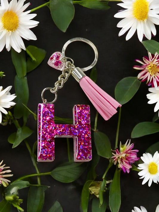 Haute Crafts Shiny Glittery Pink ("H")- with small Heart & Tassel, Resin Alphabet Initial Letter Keychain Key Ring for Women Girls Purse Handbags, Bike, Car Keyring ("H")