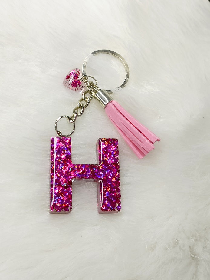 Haute Crafts Shiny Glittery Pink ("H")- with small Heart & Tassel, Resin Alphabet Initial Letter Keychain Key Ring for Women Girls Purse Handbags, Bike, Car Keyring ("H")