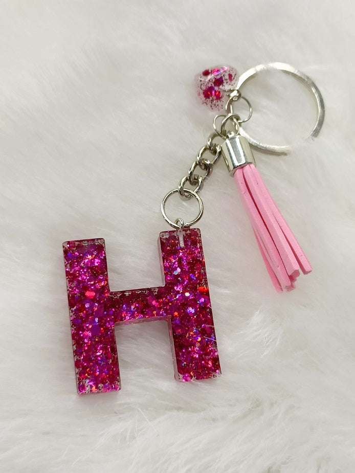 Haute Crafts Shiny Glittery Pink ("H")- with small Heart & Tassel, Resin Alphabet Initial Letter Keychain Key Ring for Women Girls Purse Handbags, Bike, Car Keyring ("H")