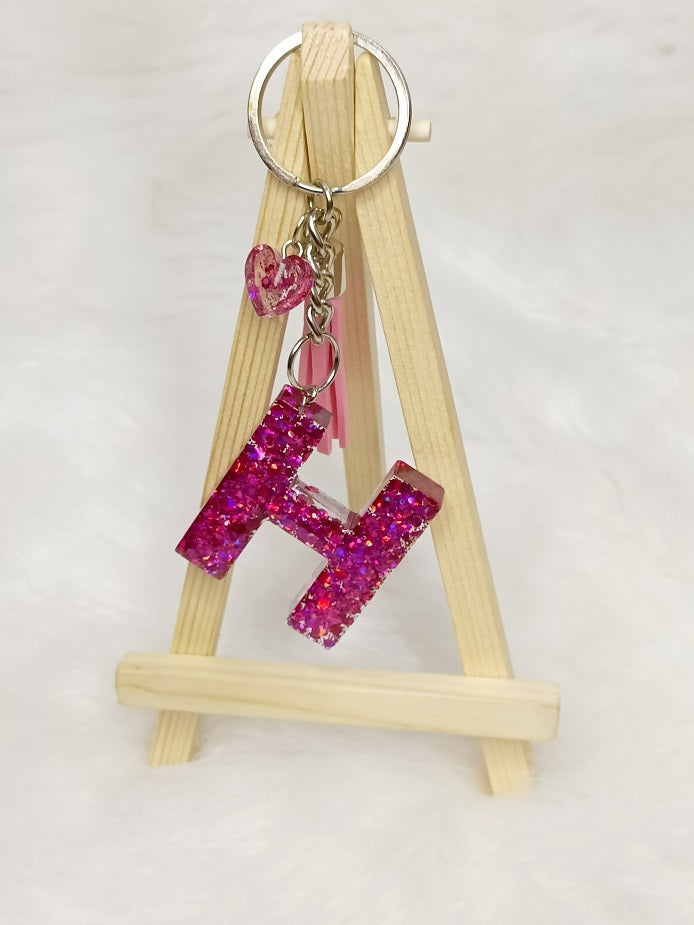 Haute Crafts Shiny Glittery Pink ("H")- with small Heart & Tassel, Resin Alphabet Initial Letter Keychain Key Ring for Women Girls Purse Handbags, Bike, Car Keyring ("H")