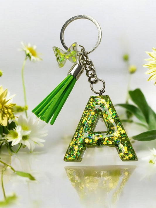 Haute Crafts Shiny Glittery Green ("A")- with small Butterfly & Tassel, Resin Alphabet Initial Letter Keychain Key Ring for Women Girls Purse Handbags, Bike, Car Keyring ("A")