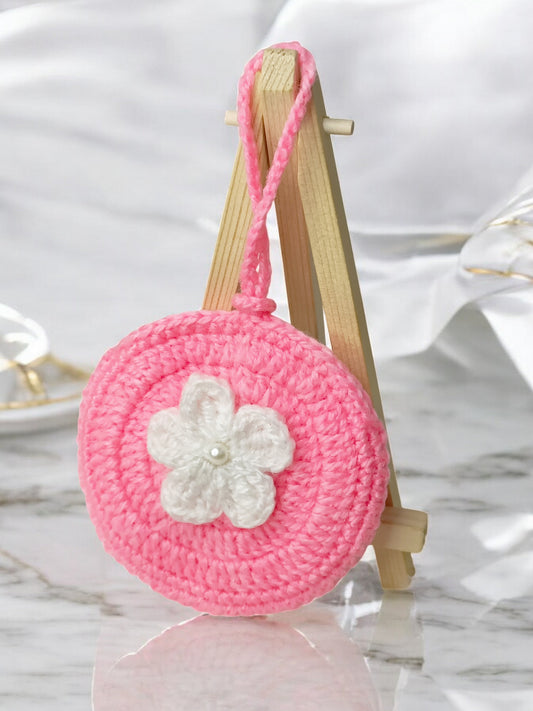 Haute Crafts Handmade Crochet Pouch with Flower Design, Crocheted Earphone Pouch,  Small Things & Multi Purpose Pouch, (Pink)