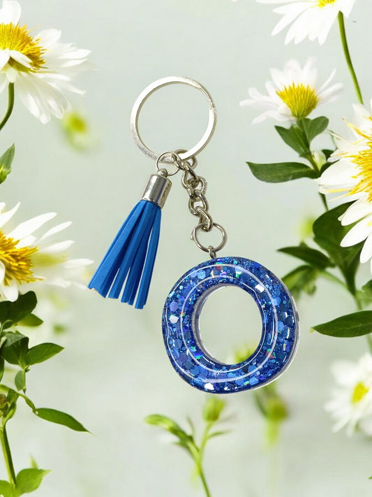 Haute Crafts Shiny Glittery Blue ("O")- with Tassel, Resin Alphabet Initial Letter Keychain Key Ring for Women Girls Purse Handbags, Bike, Car Keyring ("O")