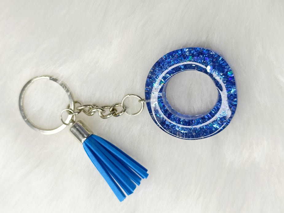 Haute Crafts Shiny Glittery Blue ("O")- with Tassel, Resin Alphabet Initial Letter Keychain Key Ring for Women Girls Purse Handbags, Bike, Car Keyring ("O")