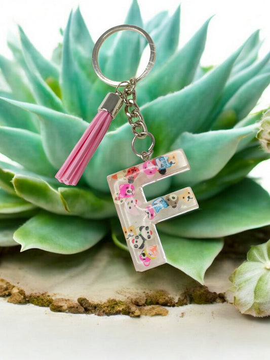 Haute Crafts Teddy Bear Theme ("F")- with Tassel, Resin Alphabet Initial Letter Keychain Key Ring for Women Girls Purse Handbags, Bike, Car Keyring ("F")