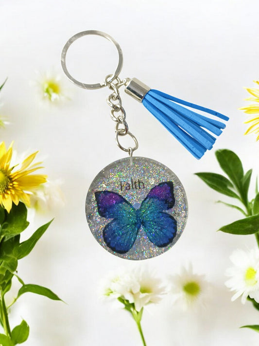 Haute Crafts "Faith with Butterfly" Theme Keychain - Resin Alphabet Initial Letter Keychain Key Ring for Women Girls Purse Handbags, Bike, Car Keyring.Home, Small Gifts