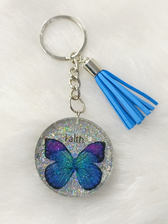 Haute Crafts "Faith with Butterfly" Theme Keychain - Resin Alphabet Initial Letter Keychain Key Ring for Women Girls Purse Handbags, Bike, Car Keyring.Home, Small Gifts