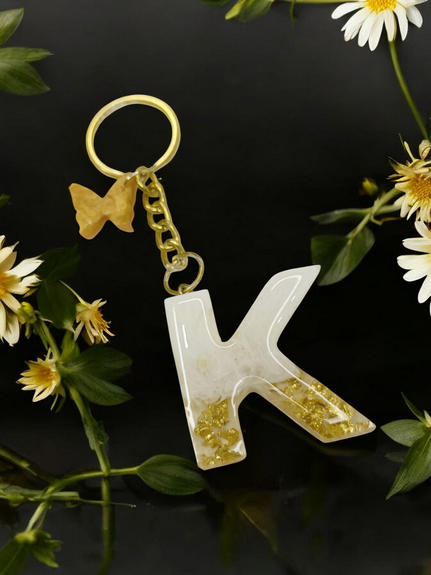 Haute Crafts Shiny White & Golden("K")- with small Butterfly , Resin Alphabet Initial Letter Keychain Key Ring for Women Girls Purse Handbags, Bike, Car Keyring ("K")
