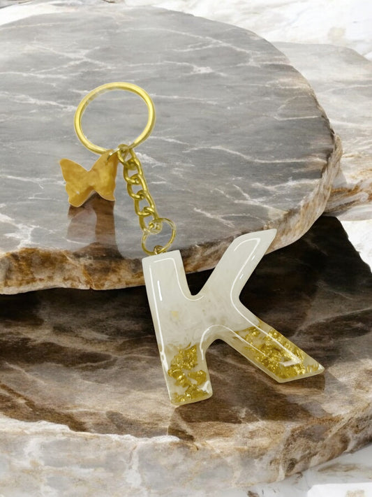 Haute Crafts Shiny White & Golden("K")- with small Butterfly , Resin Alphabet Initial Letter Keychain Key Ring for Women Girls Purse Handbags, Bike, Car Keyring ("K")