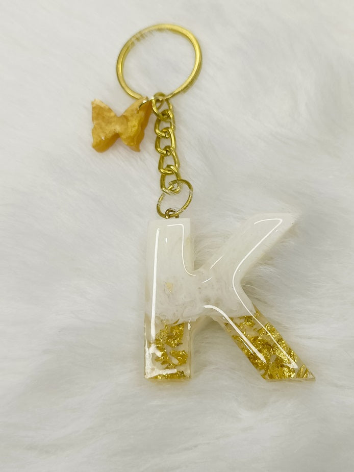 Haute Crafts Shiny White & Golden("K")- with small Butterfly , Resin Alphabet Initial Letter Keychain Key Ring for Women Girls Purse Handbags, Bike, Car Keyring ("K")
