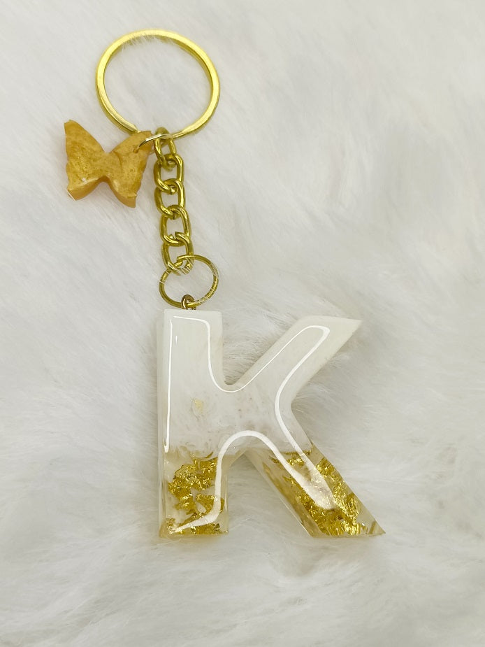 Haute Crafts Shiny White & Golden("K")- with small Butterfly , Resin Alphabet Initial Letter Keychain Key Ring for Women Girls Purse Handbags, Bike, Car Keyring ("K")