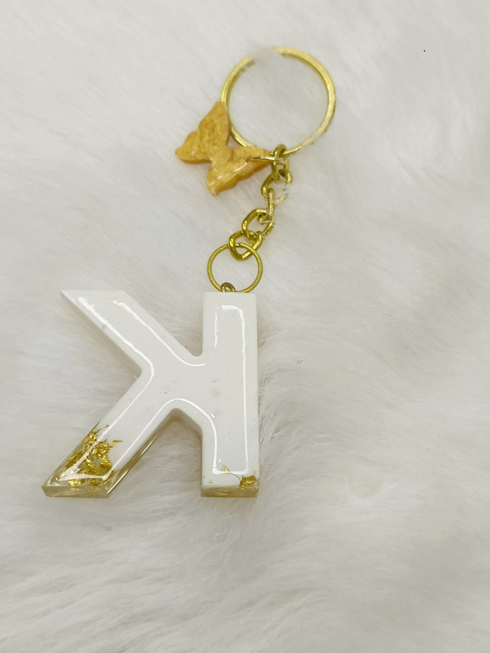 Haute Crafts Shiny White & Golden("K")- with small Butterfly , Resin Alphabet Initial Letter Keychain Key Ring for Women Girls Purse Handbags, Bike, Car Keyring ("K")
