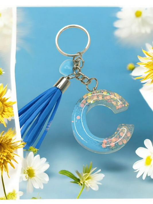 Haute Crafts Shiny Sky Blue ("C")- with small Heart & Tassel, Resin Alphabet Initial Letter Keychain Key Ring for Women Girls Purse Handbags, Bike, Car Keyring ("C")